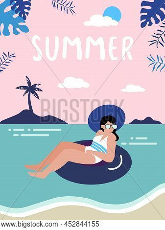 Girl On An Rubber Ring Floats In A Pool Or In The Sea. Beach Summer Vacation. Holidays At Sea. The G