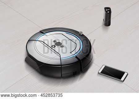 Modern Smartphone Controling Black Robotic Vacuum Cleaner