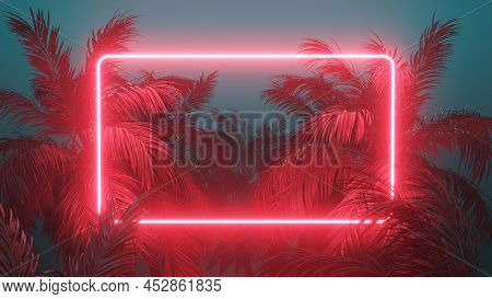 Retrowave Tropical Scene Palms And Glowing Frame 3d Render