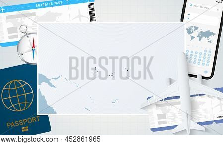 Journey To Kiribati, Illustration With A Map Of Kiribati. Background With Airplane, Cell Phone, Pass