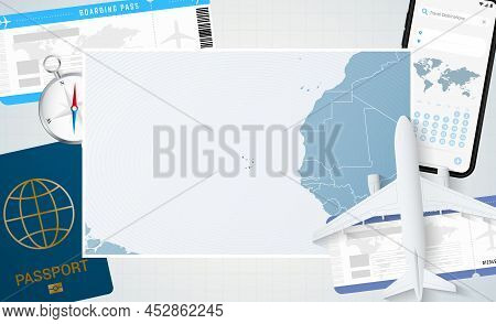 Journey To Cape Verde, Illustration With A Map Of Cape Verde. Background With Airplane, Cell Phone, 
