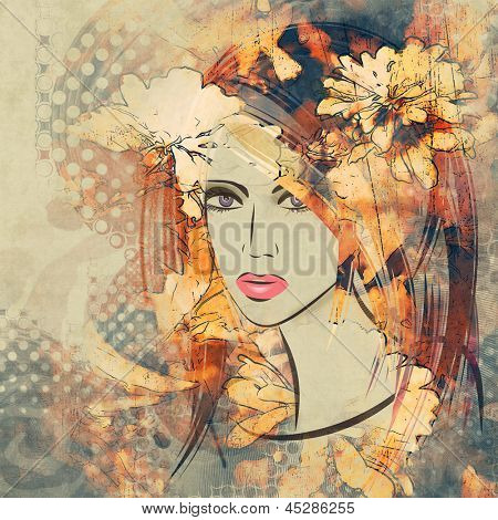 arte colorata disegnare faccia bella ragazza con i capelli ricci pesco e floreali, su sfondo color seppia