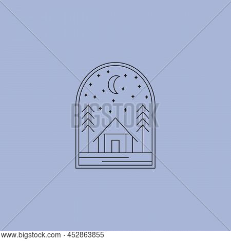 Cabin Camp Night Line Logo Vector Symbol Design, Shirt Illustration Design