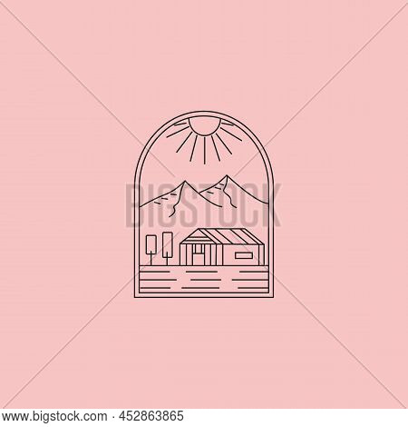Cottage Landscape Outdoor Vector Design, Line Art Logo Design