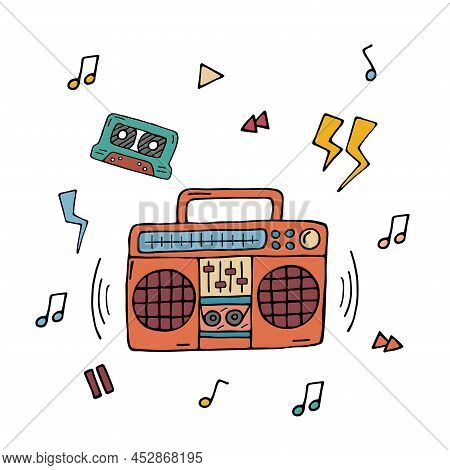 Boombox And Audio Tape Doodle Isolated. 90s Music Nostalgia. Vector Colored Doodle Illustration Of R