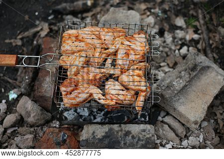 Metal Grill For Barbecue. Shish Kebab In Marinade Is Cooked On The Grill. Fried Chicken Meat With Sp