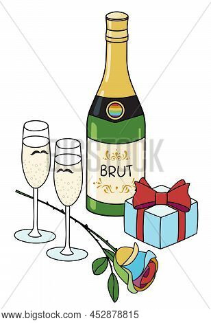 Sparkling Wine Bottle, Flute Glasses, Rose And Gift In Rainbow Lgbt Colors. For Gay Bar Diversity Pr