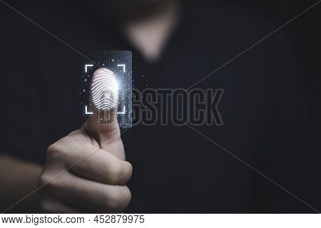 Thumbs Up With Virtual Fingerprint To Scan Biometric Identity And Access Password Thru Fingerprints 