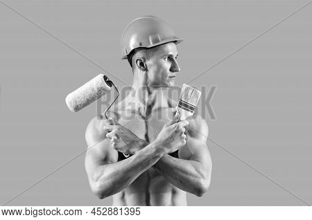 We Paint So You Dont Have To. Sexy Man Hold Paintroller And Paintbrush. Paint Work