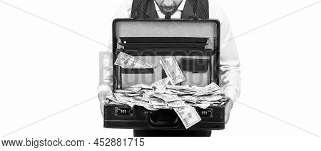 Cropped Briber Holding Case Full Of Dollar Cash Isolated On White Background, Corruption