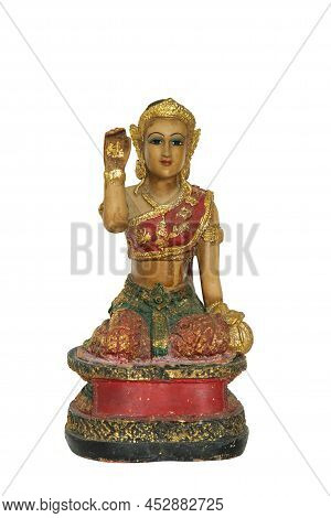 An Old Beautiful Woman Statue Sitting Beckoning Happy Lot In Isolated On White Background, Nang Kwak