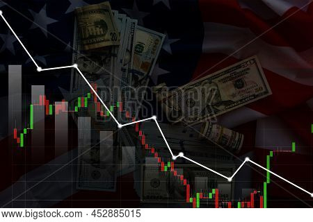 Us Dollar Bills On Background With Dynamics Of Exchange Rates. Trading And Financial Risk Concept.