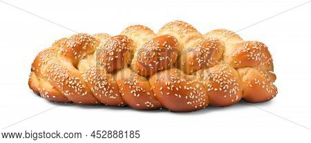 Homemade Braided Bread With Sesame Seeds Isolated On White. Traditional Shabbat Challah