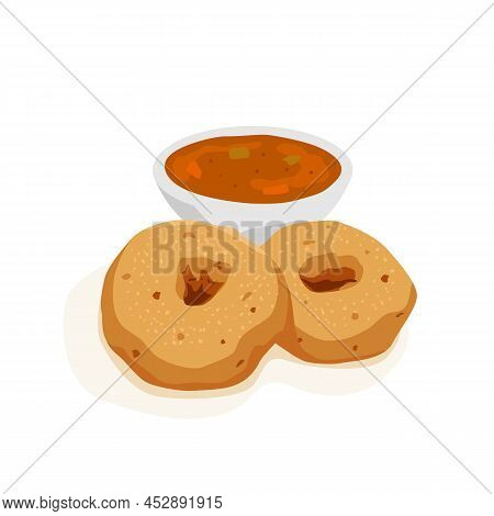 Uzhunnu Vada Or Medu Vada Is A South Indian Breakfast Snack With Sambar Vector Illustration