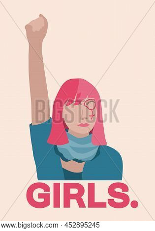 Freedom Feminist Woman Raised Up Fist. Feminism, Girl Power Symbol In Flat Vector Illustration For I