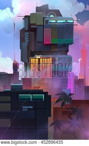 Drawn Bright Stylized Fantastic City Of The Future. Flat Skyscrapers With Palm Trees.