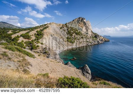 Summer Crimean Landscape. Golitsyn Trail At Rocky Black Sea Coast At Sunny Day, Novyi Svit, Sudak Mu