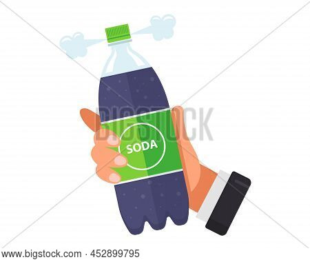 A Hand Holds A Soda Bottle With A Green Label. Flat Vector Illustration.