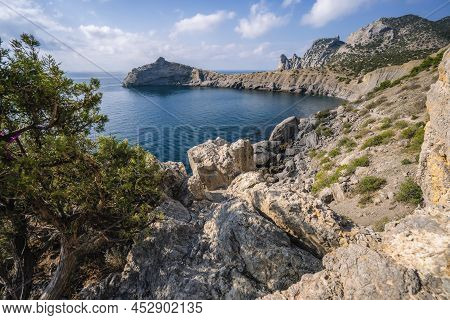 Novyi Svit, Crimea, Sudak. Cape Named Kapchik, Sea Is Black Sea. Beautiful Landscape With Views Of T