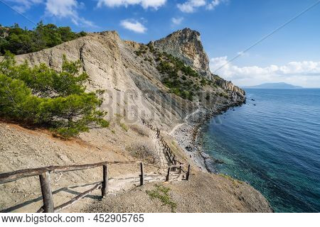 Part Of Trekking Route Named Golitsyn Trail Near By Mountains Andcoastline Of Black Sea. Scenic Tree