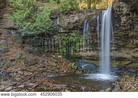 Waterfall In Hilton Falls Park At Autumn Day
