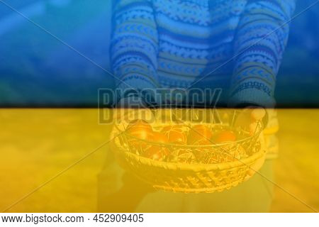 Defocus Ukrainian Young Smiling Woman In Hat Holding Plate Of Collection Of Red Egg On Nature Backgr