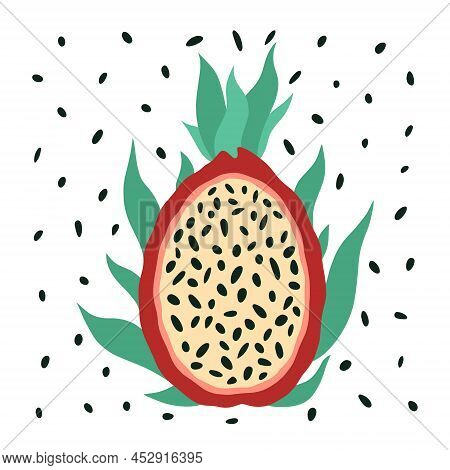 Half Dragon Fruit Vector Icon. Ripe Pitahaya With Green Leaves, Juicy Pulp, Seeds. Exotic Asian Dess
