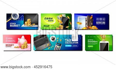 Money Cash Budget And Capital Saving Set Vector. Stock Market And Online Donation, Money Safe And Ge