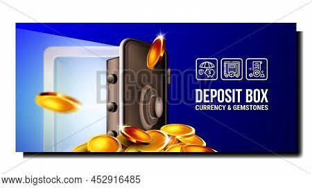 Deposit Box For Safe Currency And Gemstones Vector. Deposit Box For Saving And Storaging Money Cash 