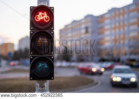 Traffic Red Light Forbids Bicycles To Pass In Public Place.