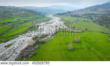 Valley Of Dhiarizos River In Spring. Paphos District, Cyprus Aerial Landscape