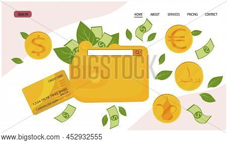 Dollars, Euros, Dinars, Currency Wallets. Gold Coins Vector Stock Illustration. Cartoon Paper Bankno