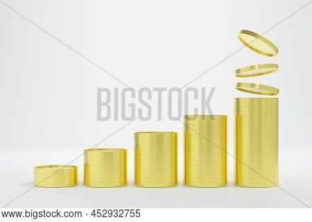 Stack Of Golden Coins Growing Graph (coins Pile) On Background With Earning Profit Economy, Financ A