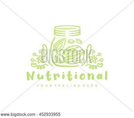 Jar With Nuts And Nut Butter, Walnut, Almond, Peanut And Cashew, Logo Design. Food, Nature, Herb And