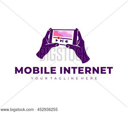 Mobile Internet, Holding Smartphone And Watching Video, Logo Design. Closeup Image Of Hands With Sma