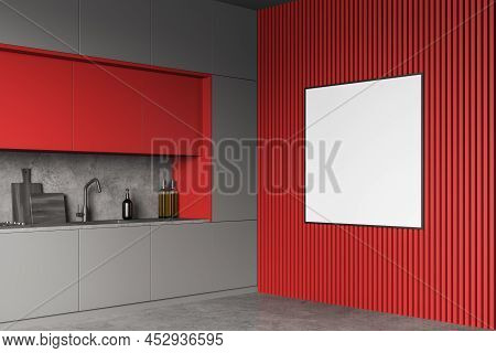 Corner View On Dark Kitchen Room Interior With Empty White Poster, Cupboard, Gas Cooker, Grey And Re