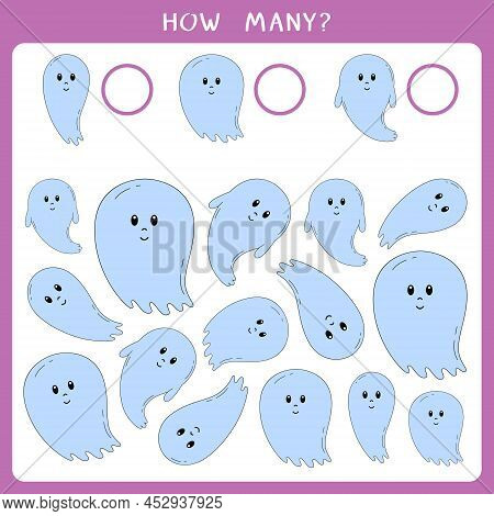 Educational Math Game For Kids. Count How Many Ghosts And Write The Result. Vector Worksheet