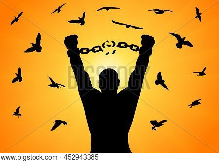 Silhouette Of Man With Raised Hands, Breaking Chain In Handscuffs, On Background Of Sunrise And Flyi