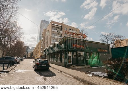 Warsaw, Poland - April 03, 2022: Carrefour Express On The Antoniego Corazziego Street 2a