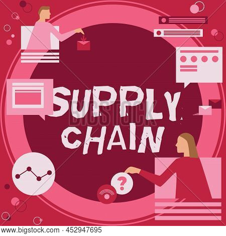 Hand Writing Sign Supply Chain. Business Approach System Of Organization And Processes From Supplier
