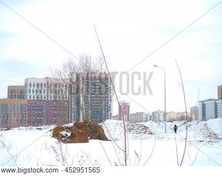 Urban Landscape. Road View. Empty Streets. Large Residential Area Houses. Lonely Person