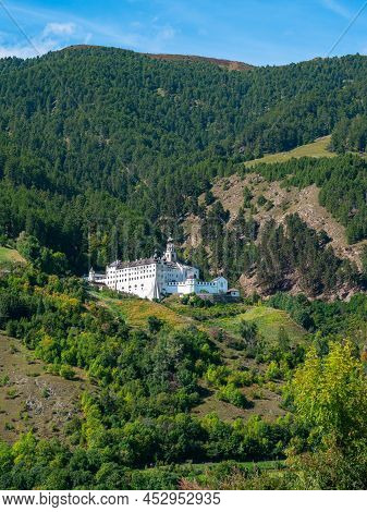 Burgeis, Italy - September 28, 2021: Marienberg Abbey Above Burgeis- Burgusio Dates Back To The 12th