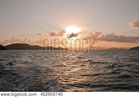 Sunset Scene Of Peaceful Serene Mountain Island In The Pacific Ocean Of Hamilton Island In Queenslan