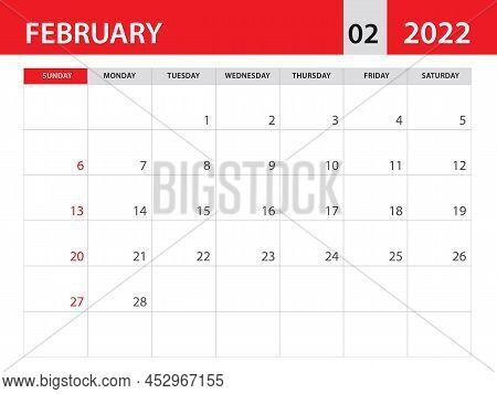 February 2022 Template, Calendar 2022 Template Vector, Planner Monthly Design, Desk Calendar 2022, W