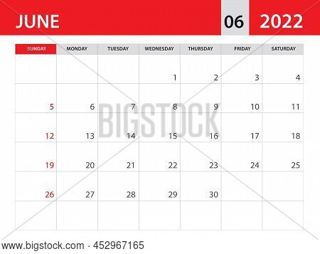 June 2022 Template, Calendar 2022 Template Vector, Planner Monthly Design, Desk Calendar 2022, Wall 