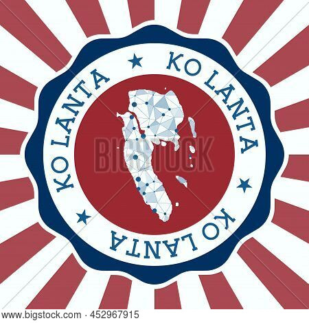 Ko Lanta Badge. Round Logo Of Island With Triangular Mesh Map And Radial Rays. Eps10 Vector.