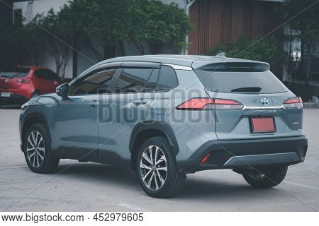 Samut Prakan, Thailand - April 16, 2022 : Private New Toyota Corolla Cross, Celestite Gray Metallic.