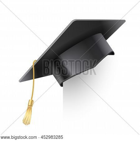 Vector Realistic Mortar Board Hat With Golden Tassel. Graduation Cap. University Graduation Black Ha