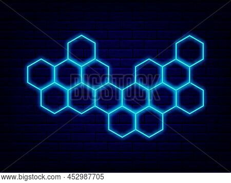 Honeycomb Neon Decoration. Blue Polygonal Shape. Abstract Signboard. Shiny Flyer On Brick Wall. Simp