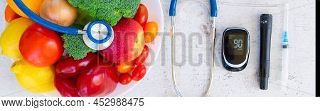Raw Vegetables And Fruits With Blood Glucose Meter And Insulin Syringe, Diabetes Healthy Diet Concep